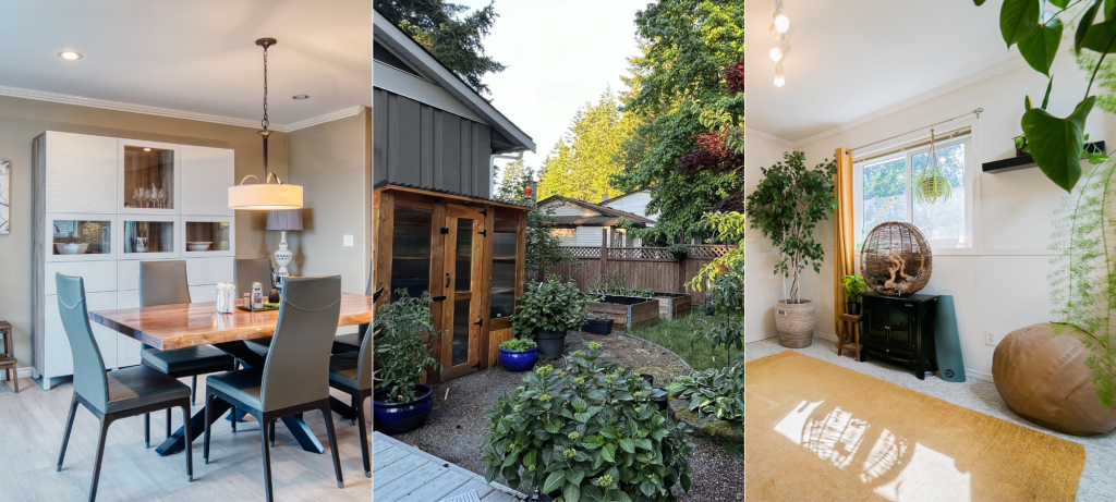 different ways and styles to stage a dinner room, a garden and a studio